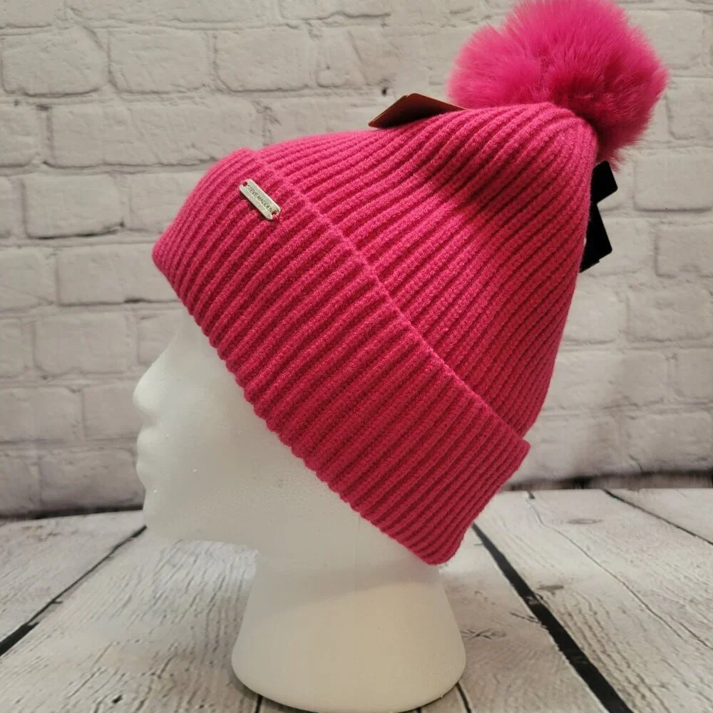 Steve Madden Women's Ribbed Furry Pom Pom Beanie- Pink